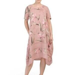 Alessia Pacini Linen Dress Pink Floral Pattern Asymmetrical Hem Size M  Pockets
